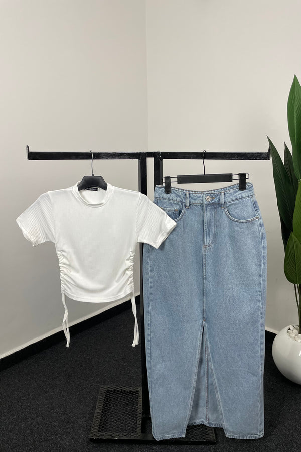 Jupe en jean&top décontractée et polyvalente à fente de poche de couleur unie