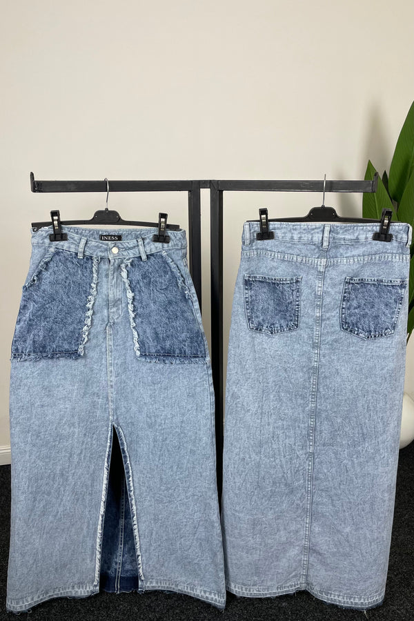 Jupe longue droite en denim pour femme avec fente et poches