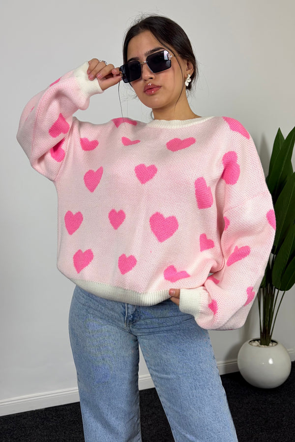 Pull Oversize à Motifs Cœurs – Style Cozy
