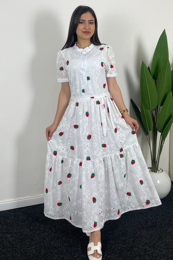 Robe élégante et douce romantique Fraise pour femme avec col rond