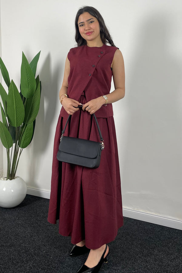 2 pièces Ensemble élégant de gilet et jupe couleur UNI avec ceinture