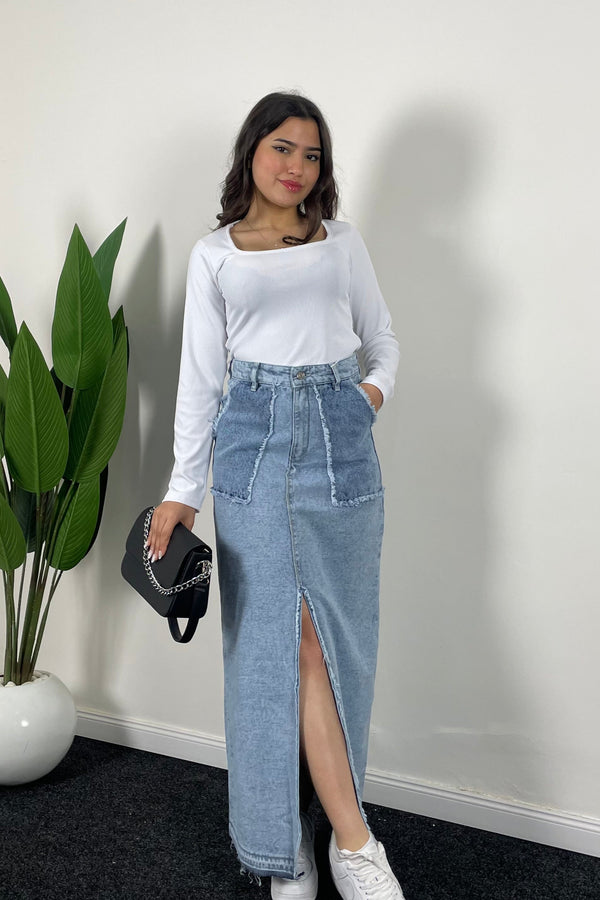 Jupe&Top longue droite en denim pour femme avec fente et poches